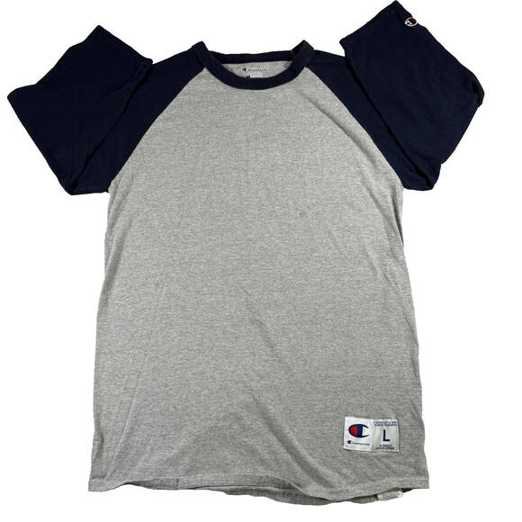 Champion Mens Gray Navy Raglan T Shirt Size Large Y2K 90s Vintage Athletic Tee - Picture 1 of 11